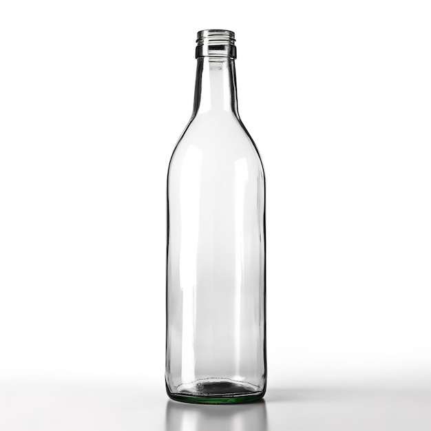 A clear empty bottle with a green cap and a silver rim.