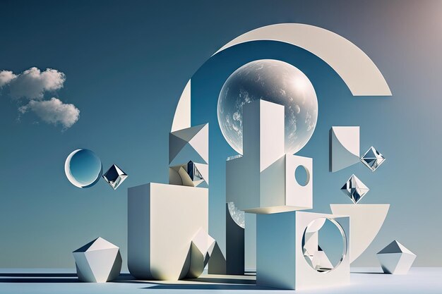 Clear geometric shapes of futuristic virtual world against blue sky