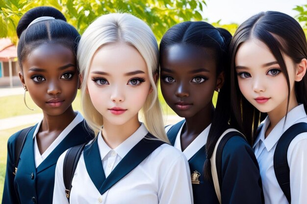 The clear girl white skin and her friends have black skin