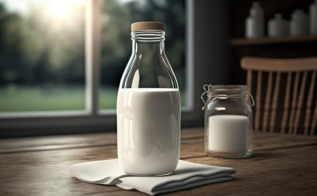 clear glass bottle filled with milk for mockup photo