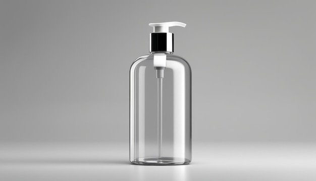 A clear glass bottle of lotion