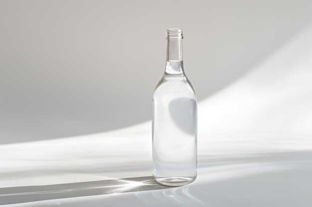 A clear glass bottle with condensation on a reflective surface with soft lighting