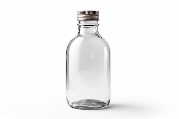 Clear glass bottle with silver cap isolated on white background