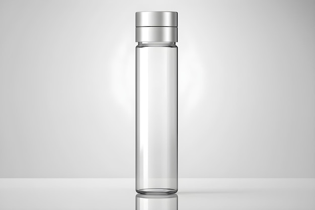 a clear glass bottle with a silver cap on the top.