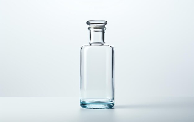 A clear glass bottle with a stopper