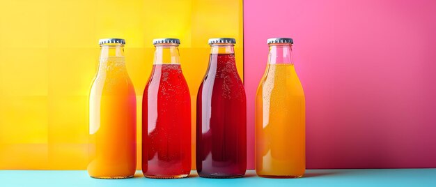 Photo clear glass bottles mockup of various fruit juices isolated on a solid backdrop with ample area for advertising material generative ai