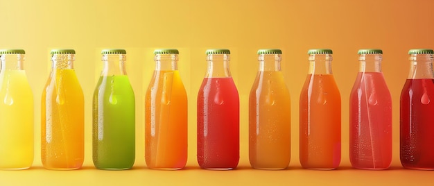 Clear glass bottles mockup of various fruit juices isolated on a solid backdrop with ample area for advertising material Generative AI