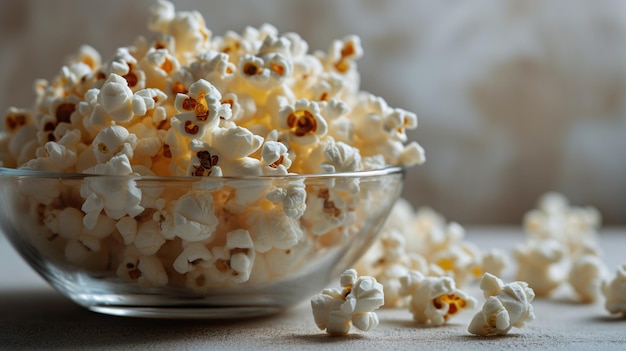 A clear glass bowl overflowing with popped popcorn kernels