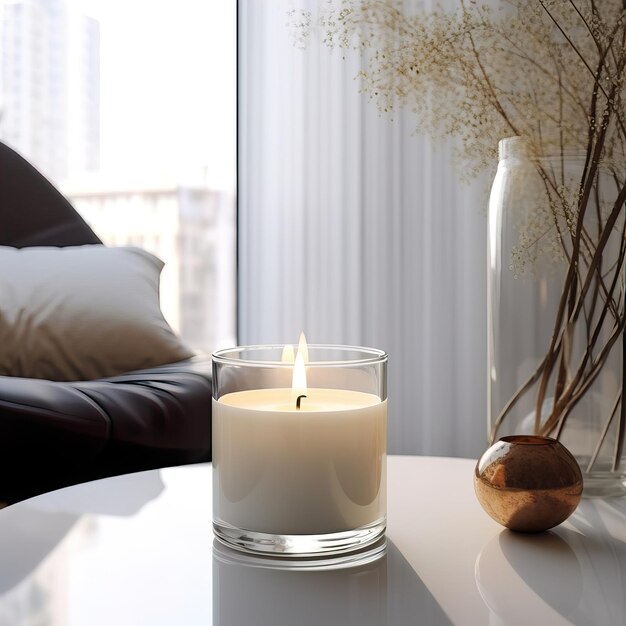 Clear glass candle jar mockup burning container candle template in bright light room interior with h
