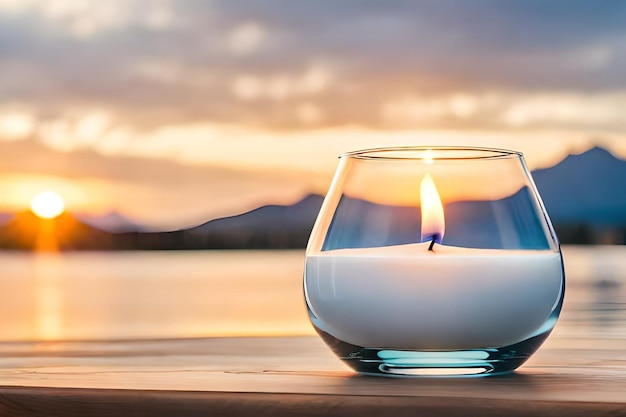 A clear glass cup with aromatic candles on a wooden table