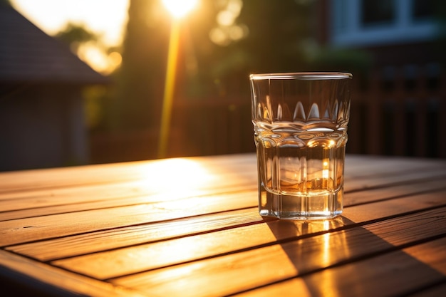 Прозрачный стакан, наполненный водой, отражающий утренний свет