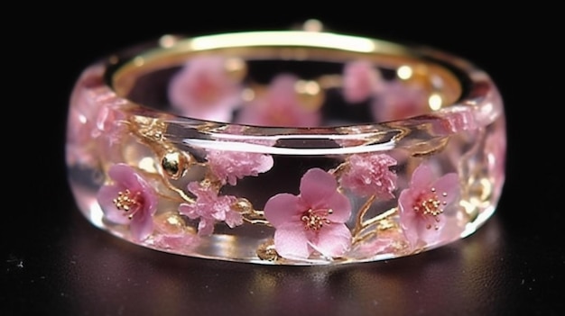 A clear glass ring with pink flowers and a gold rim