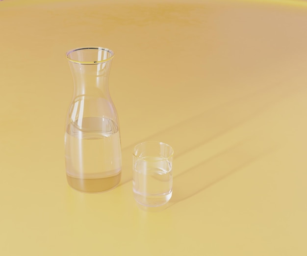 Clear glass of water and carafe on bright yellow surface 3d rendering