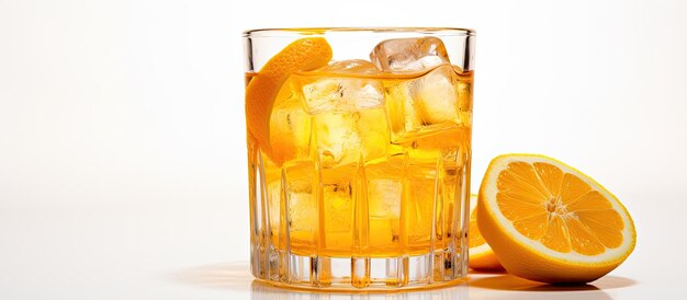 白い背景に隔離されたオレンジ色のレモネードアイスの透明なガラス 高品質の写真