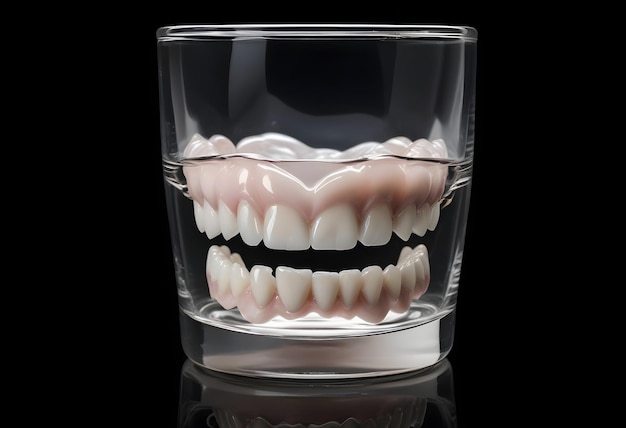 a clear glass with teeth inside of it