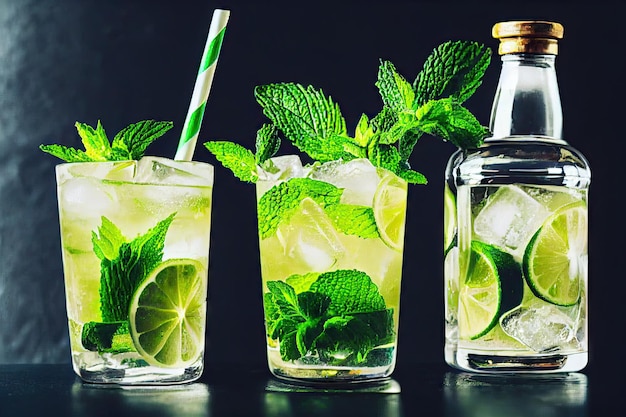 Clear glasses with refreshing mojito cocktails with mint leaves and ice