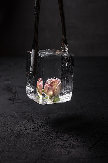 A clear ice cube with a frozen rose flower inside in bartender ice tongs, dark backdrop