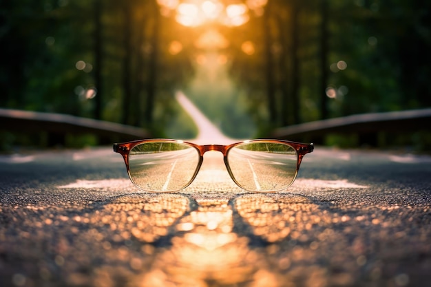 Clear image of a road leading to the source of light Glasses is lying down