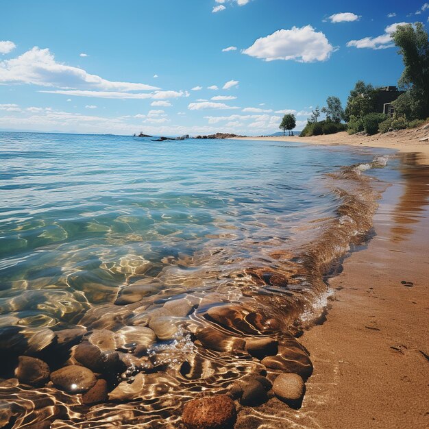 Clear lake water with rocks and sand beach