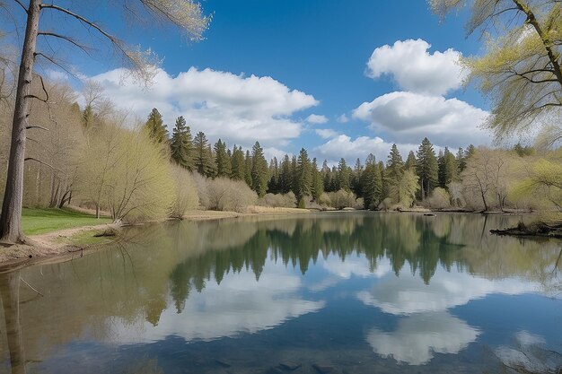 Clear lake with the reflection of the trees and sky on a cool day in spring