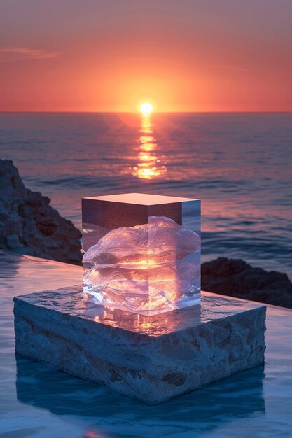 Clear lucite podium with a soft focus ocean horizon the stand merges with the tranquil seascape