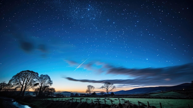 a clear night sky with a plane flying over it