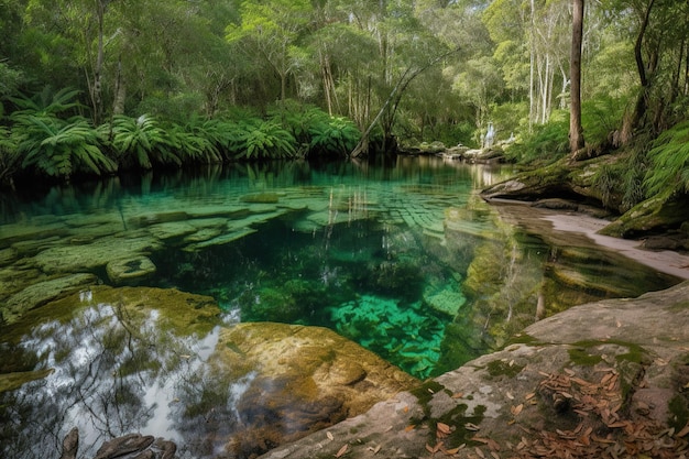 A clear pool of water with trees in the background