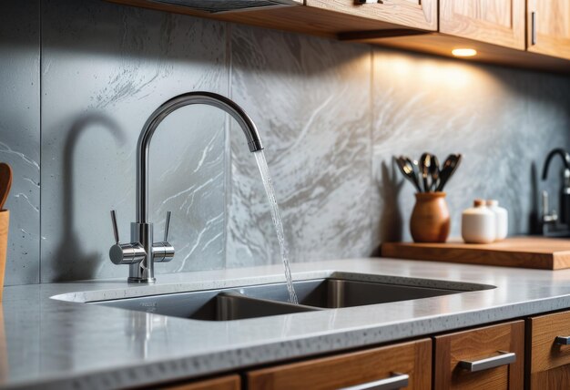 Clear potable water flowing from the kitchen tap essential for cooking drinking and maintaining