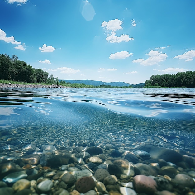 Photo clear river water against a blue sky background