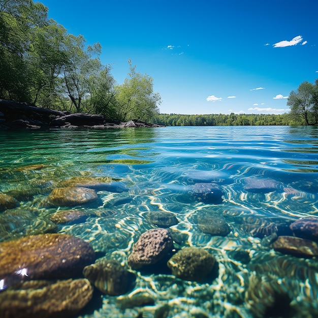 Foto acqua limpida del fiume sullo sfondo blu del cielo