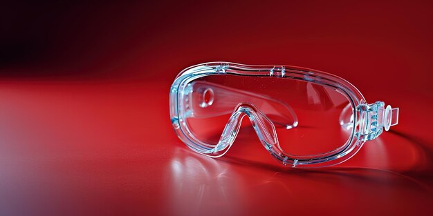 写真 clear safety goggles on a red background with reflections