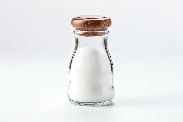 Clear salt shaker containing fine salt for food on a white backdrop