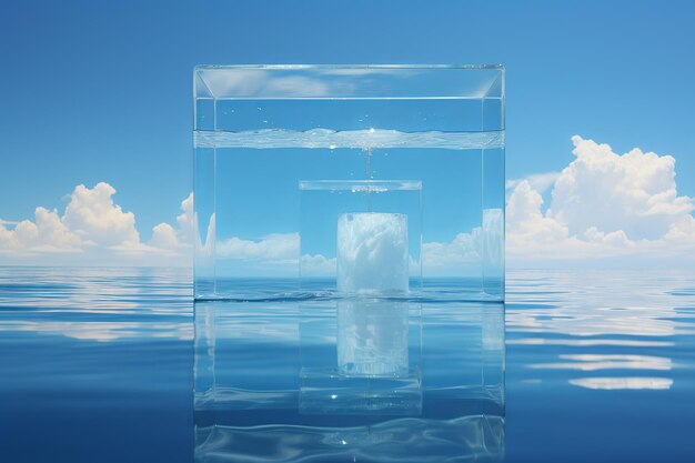 Clear shaped box floating above water tranquil aesthetics minimalist design with two circles captivating harmony of shapes and reflections generative ai