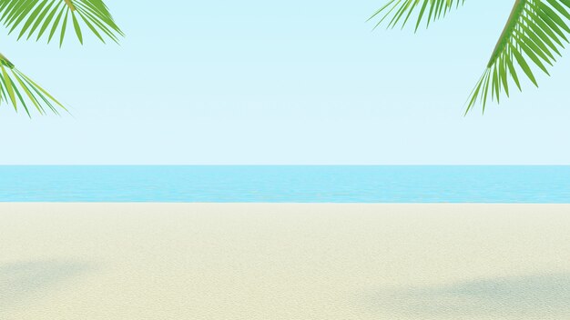 Ясное небо и пляж с пальмовыми листьями 3d визуализация летний отдых фон