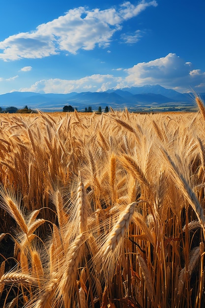 Clear sky rolling mountains golden wheat fields AI generative