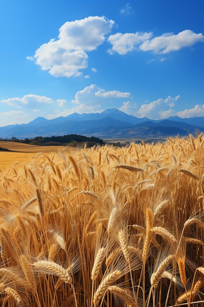 Clear sky rolling mountains golden wheat fields AI generative