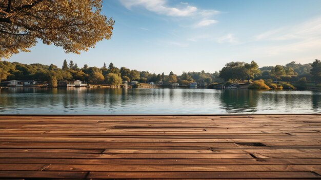 A clear sky and a wooden deck along the lake