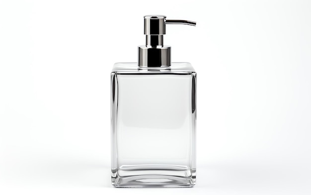 a clear square bottle with a silver pump