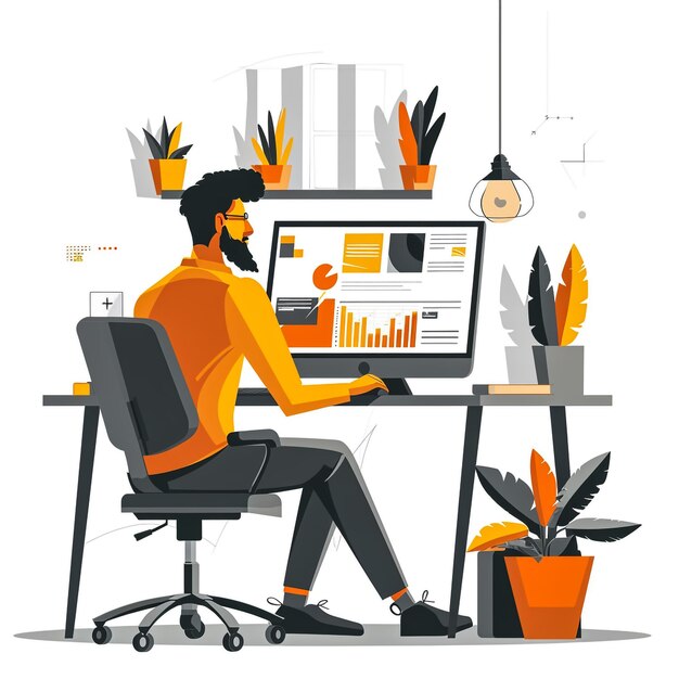 clear style minimalist an employee diligently creating a PowerPoint Presentation on a computer within an office scene illustration highend graphic illustration realistic colors solid white background