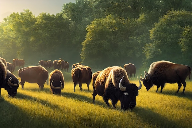 Clear summer day on a green field and a herd of bison on it under a blue clear sky 3d illustration