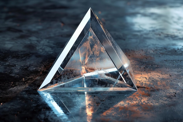 Photo a clear triangular prism sits on a dark surface