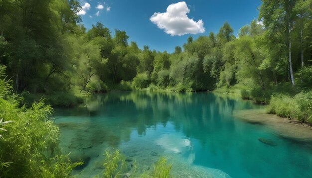 Photo a clear turquoise lake surrounded by green foliage and trees