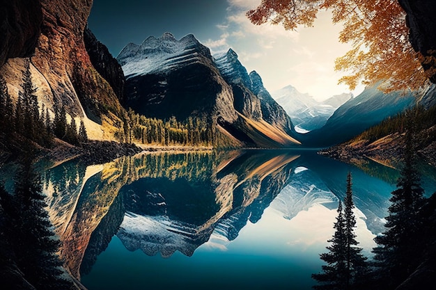 Clear turquoise mountain lake view. Rocky mountains on the river bank. Dawn or sunset in the mountains above the lake.