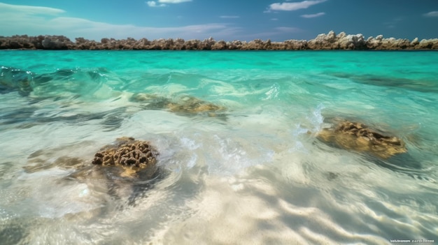 A clear, turquoise water with a reef in the background.