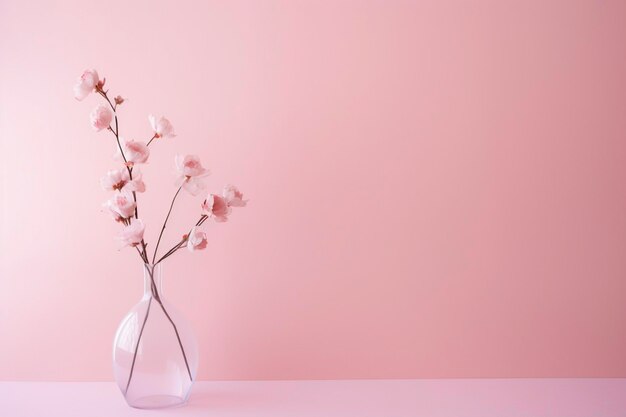 a clear vase with flowers in it and a pink background