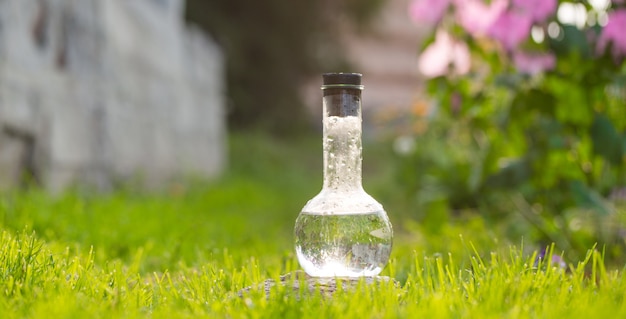 Clear water in a flask on the lawn in flowers. Water sample for environmental experiment.