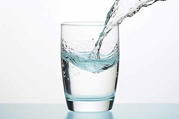 Clear water pouring into glass white background