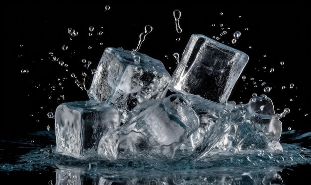 Clear water splashing as ice cubes drop into the glass designe