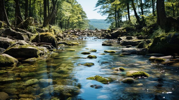 A clear water stream flowing through rocks AI generated