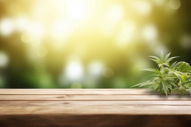 Чистый белый деревянный столик с видом на растения марихуаны на заднем плане изысканная и свободная сцена для визуальных изображений copyspace